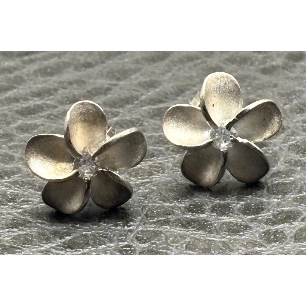 VTG Plumeria Sterling Silver Cubic Zirconia CZ Flower Stud Earrings